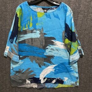 Ali Miles Linen Blend Tunic Top Womens M Blue Artsy Oversized Lagenlook Coastal